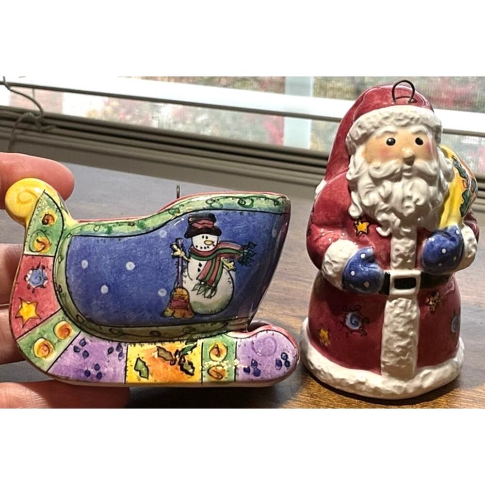 Set of 2 SANGO Classic Ceramic Christmas Ornament Santa and Sleigh